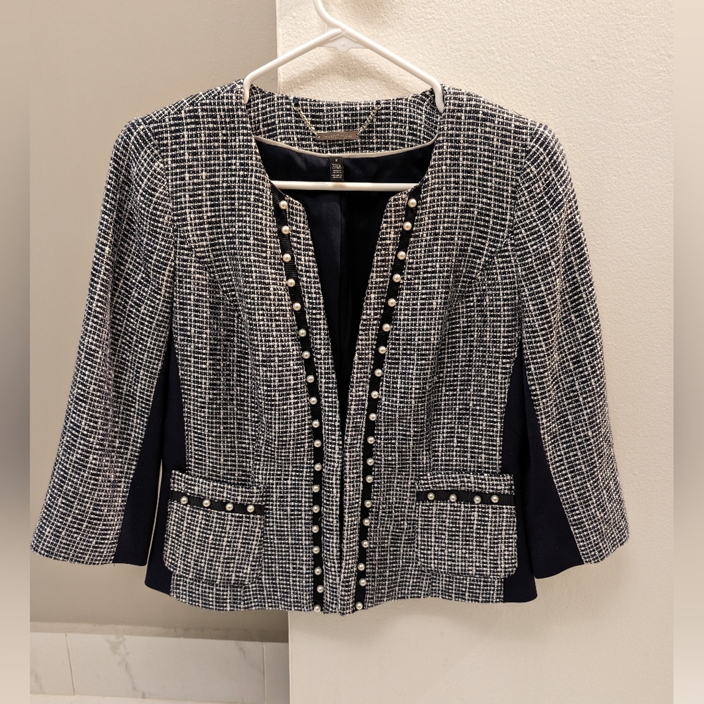 WHBM Navy and Tweed 3/4 Sleeve Suit Jacket Blazer with Pearl Details